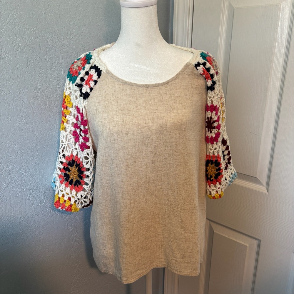 Umgee Linen Blend Crochet Boho Granny Square Sleeve Blouse Top Tan Multi L A0382 - Picture 2 of 12